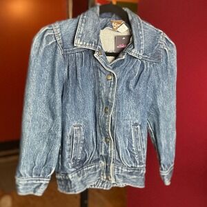 Street Worn Kids Denim Jacket Puff Sleeves Elastic Waist Blue Vintage 80s 90s